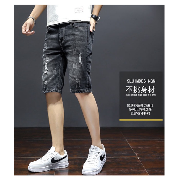 Quần Jeans Lửng 5 Tấc Dáng Ôm Rách Gối Thời Trang Mùa Hè Cho Nam