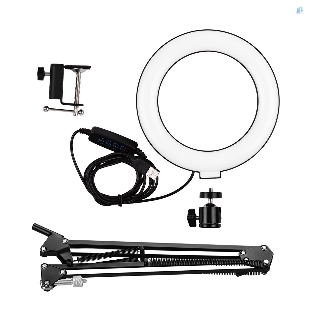 Vòng Đèn LED Mini 6 Inch 3 Chế Độ Điều Chỉnh Được Kèm Kẹp Linh Hoạt Với Bộ Chuyển Đổi Đầu Bi Cố Định Video Trực Tiếp