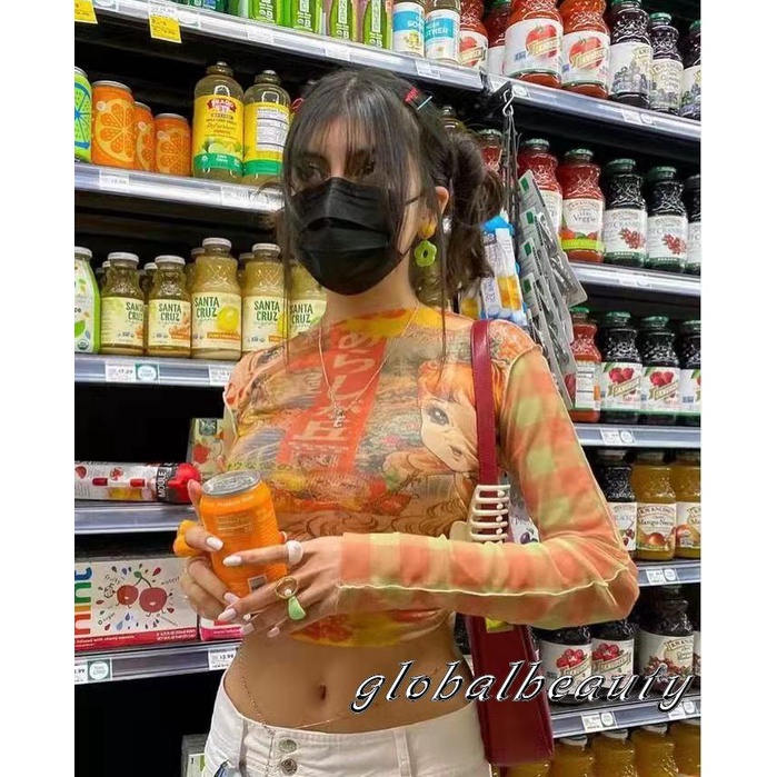 Áo Croptop Tay Dài Cổ Tròn Dáng Ôm In Họa Tiết Hoạt Hình Xinh Xắn Cho Nữ