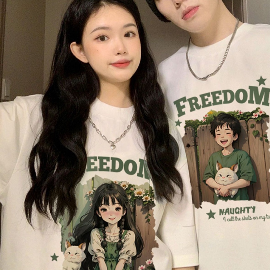 Áo phông unisex trắng đen couple form rộng tay ngắn cổ tròn cho cặp đôi nam nữ