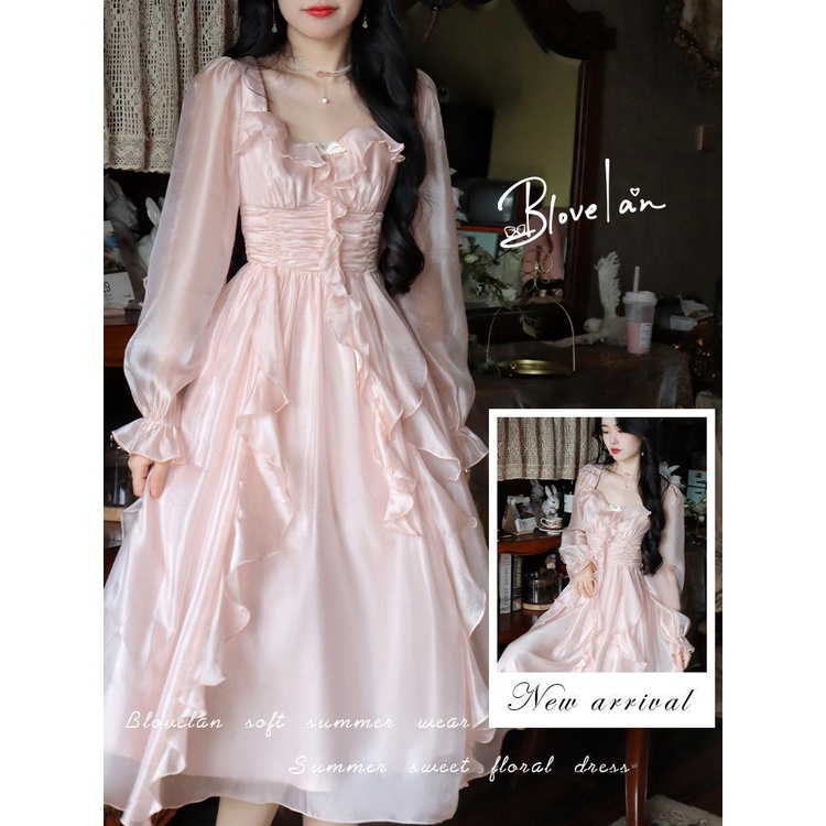 Đầm Dài Tay Eo Cao Ôm Dáng Phong Cách Pháp Ngọt Ngào Thời Trang Mới Cho Nữ