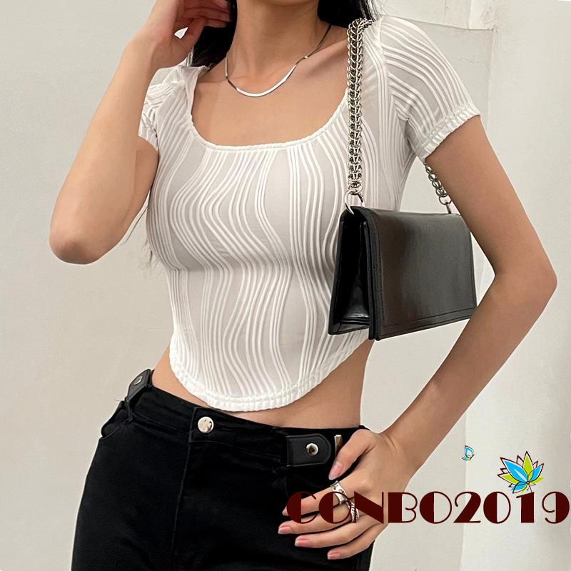 Áo Thun Crop Top Tay Ngắn Cổ Chữ U Họa Tiết Kẻ Sọc Phong Cách Đường Phố Thời Trang Mùa Hè Cho Nữ