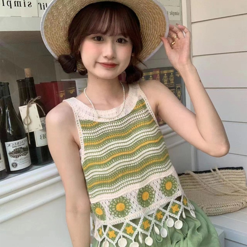 R Áo Không Tay Dệt Kim Dáng Rộng Vừa Vặn Họa Tiết Viền Rỗng Phối Tua Rua Cho Trường Học Hàng Ngày