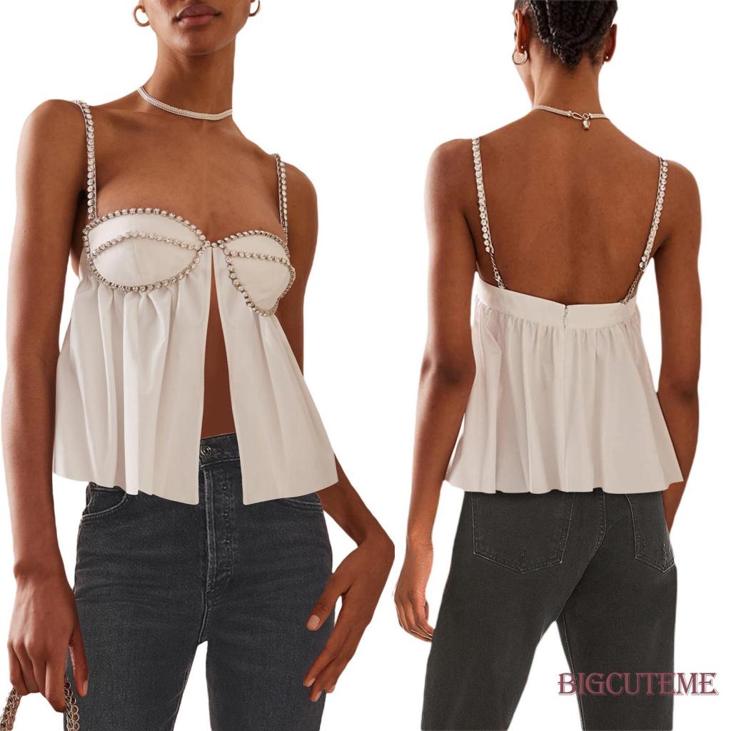 Áo Hai Dây Hở Lưng Đính Đá Thời Trang Đường Phố Mùa Hè Cho Nữ