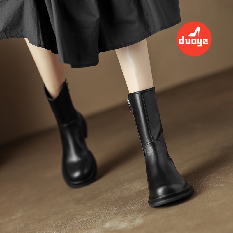 Giày Bốt Martin Da Thật Mũi Tròn Gót Dày Phối Khóa Kéo Bên Hông Kiểu Anh Quốc Thời Trang Xuân Thu 2022