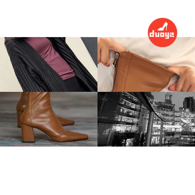 Duoya Thẳng Hàng Từ Nhà Máy ~ [Hàng Có Sẵn] Giày Bốt Cao Gót Cổ Ngắn Mỏng Màu Nâu Phong Cách Retro Thu Đông Cho Nữ