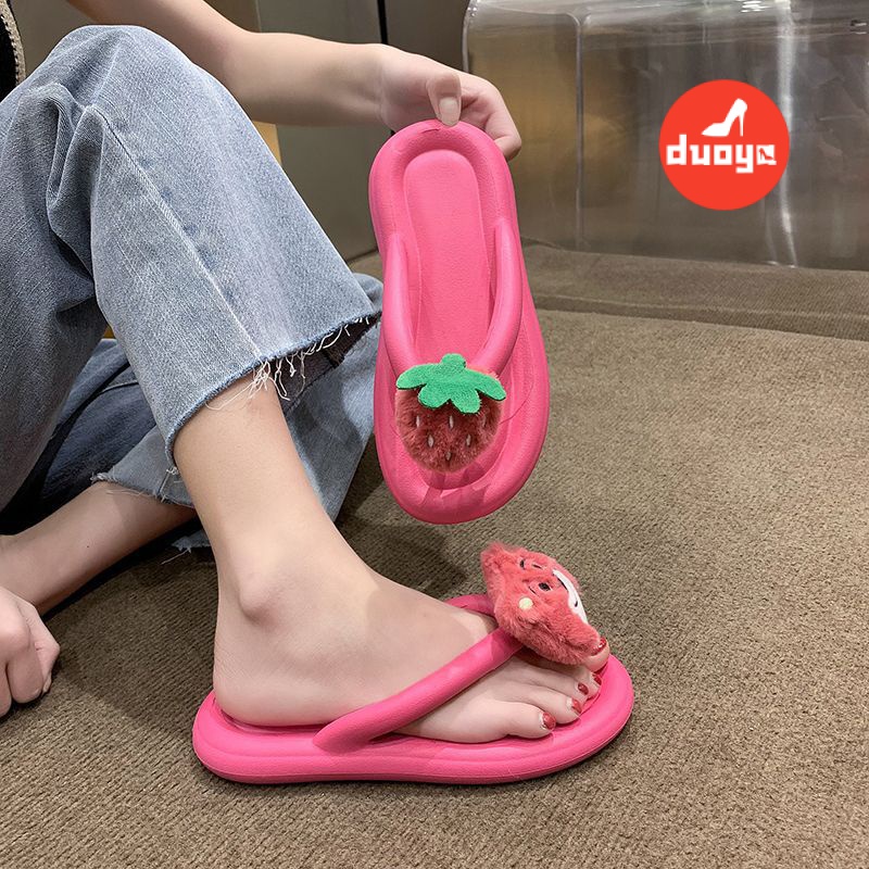 Duoya Tóc Thẳng ~ [Hàng Có Sẵn] Dép Xỏ Ngón Đi Biển Mùa Hè Dày Dặn Họa Tiết Gấu Dâu Tây Dễ Thương Cho Nữ Giao Hàng Miễn