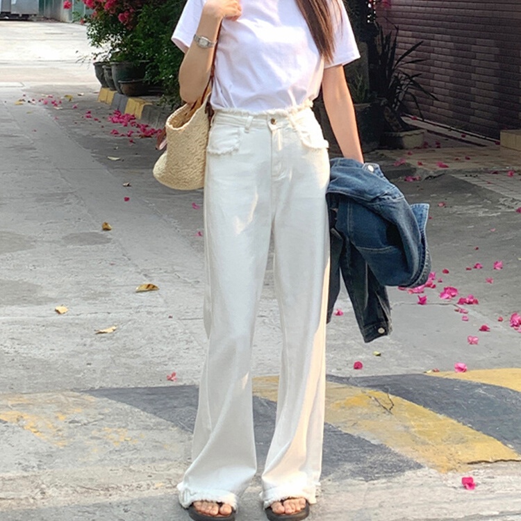 Quần jean SUXI ống rộng lưng cao viền tua rua thời trang mùa xuân cho nữ