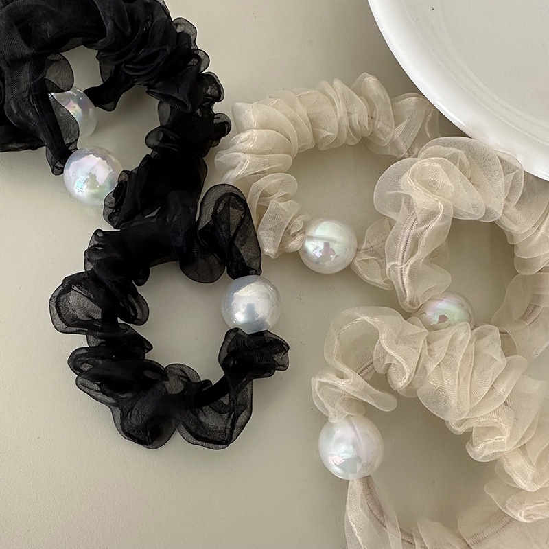 Dây Cột Tóc Lưới Co Giãn Đính Hạt Ngọc Trai Màu Đen / Be Phong Cách Hàn Quốc