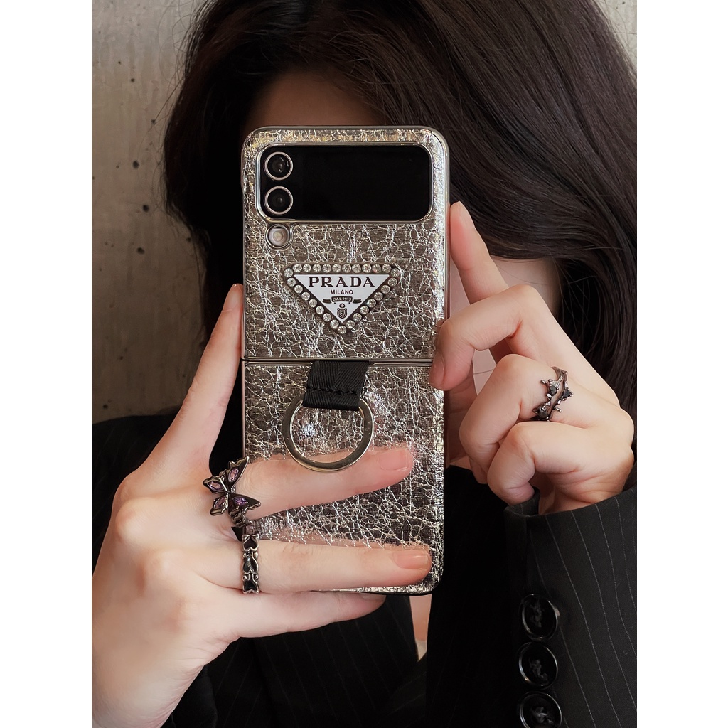 Ốp Điện Thoại Da Màu Trơn Có Giá Đỡ Dạng Vòng Tròn Xỏ Ngón Tay Cho Samsung Galaxy Z Flip 3 4