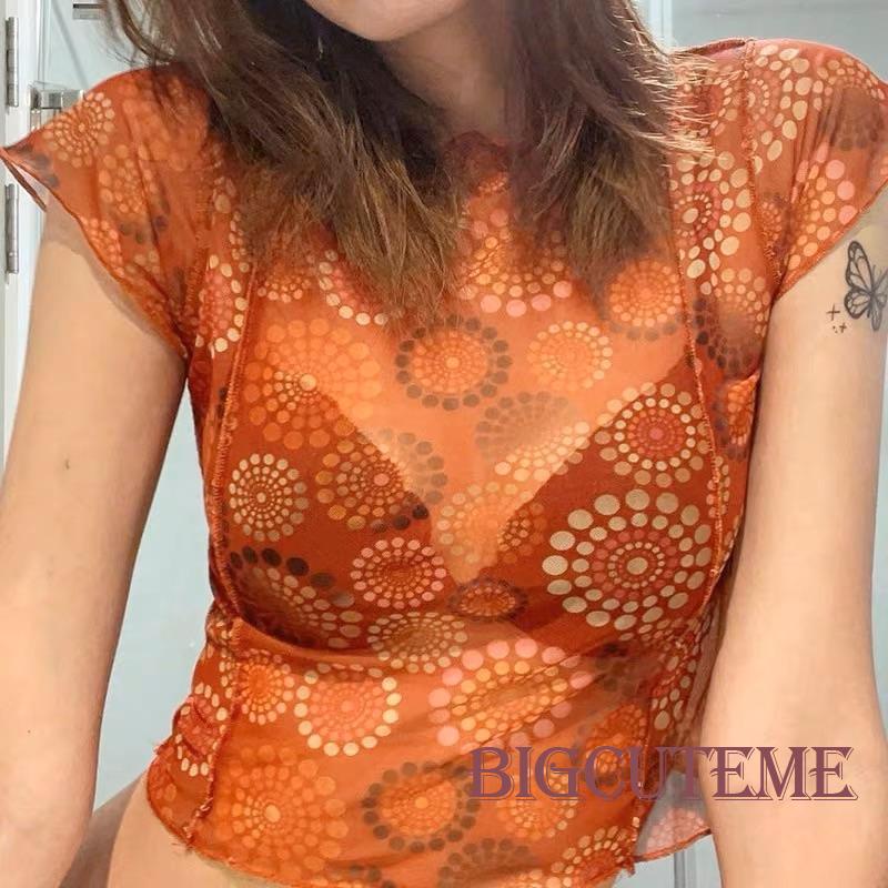 Áo Thun Crop Top Lưới Tay Ngắn Cổ Tròn Nhuộm Màu Thời Trang Mùa Hè Cho Nữ