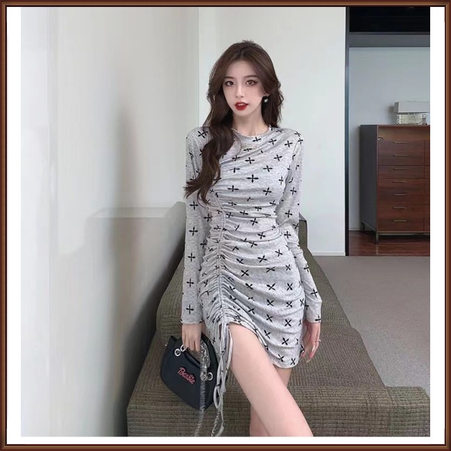 Đầm Ôm Body Tay Dài Cổ Tròn In Họa Tiết Đơn Giản Thời Trang Cho Nữ