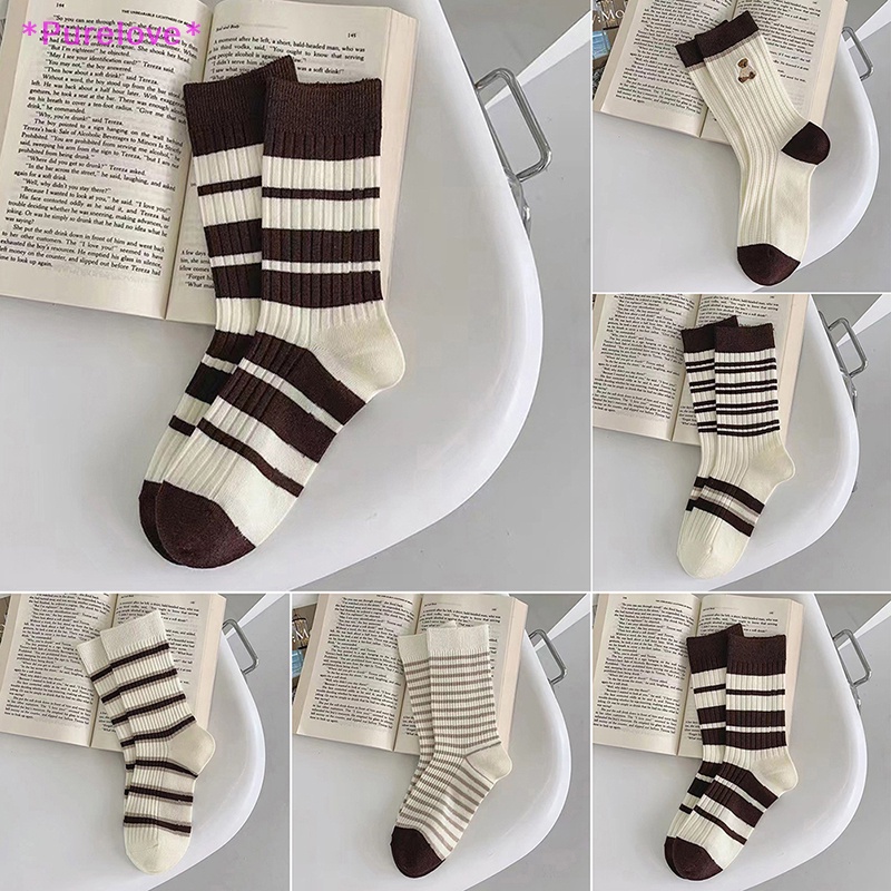 Vớ Dày Họa Tiết Sọc Trắng Đen Hình Gấu Hoạt Hình Dễ Thương Thời Trang Thu Đông Cho Nữ Mới