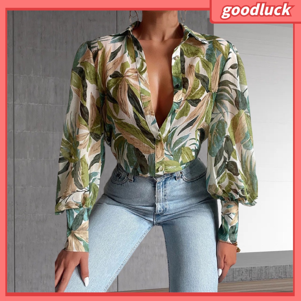 [ULK] Áo Sơ Mi Tay Phồng In Hoa Cổ Bẻ Cài Một Hàng Nút Rộng Phong Cách Vintage Cho Nữ
