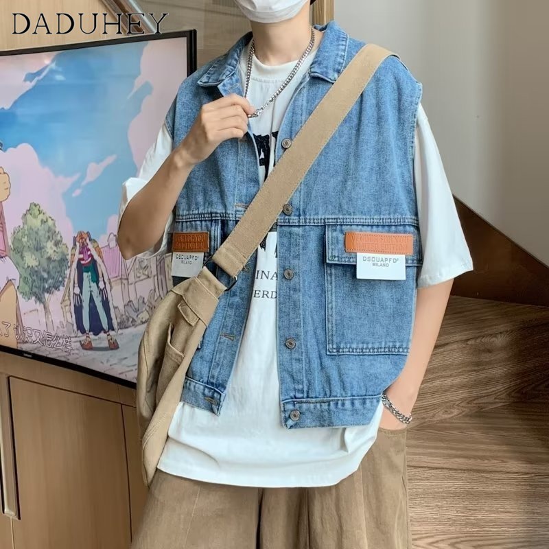 DaDuHey Men's and Women's Hong Kong Style Retro Casual Denim Jacket Vest 2023 All-Match Stitching Sleeveless Jacket
