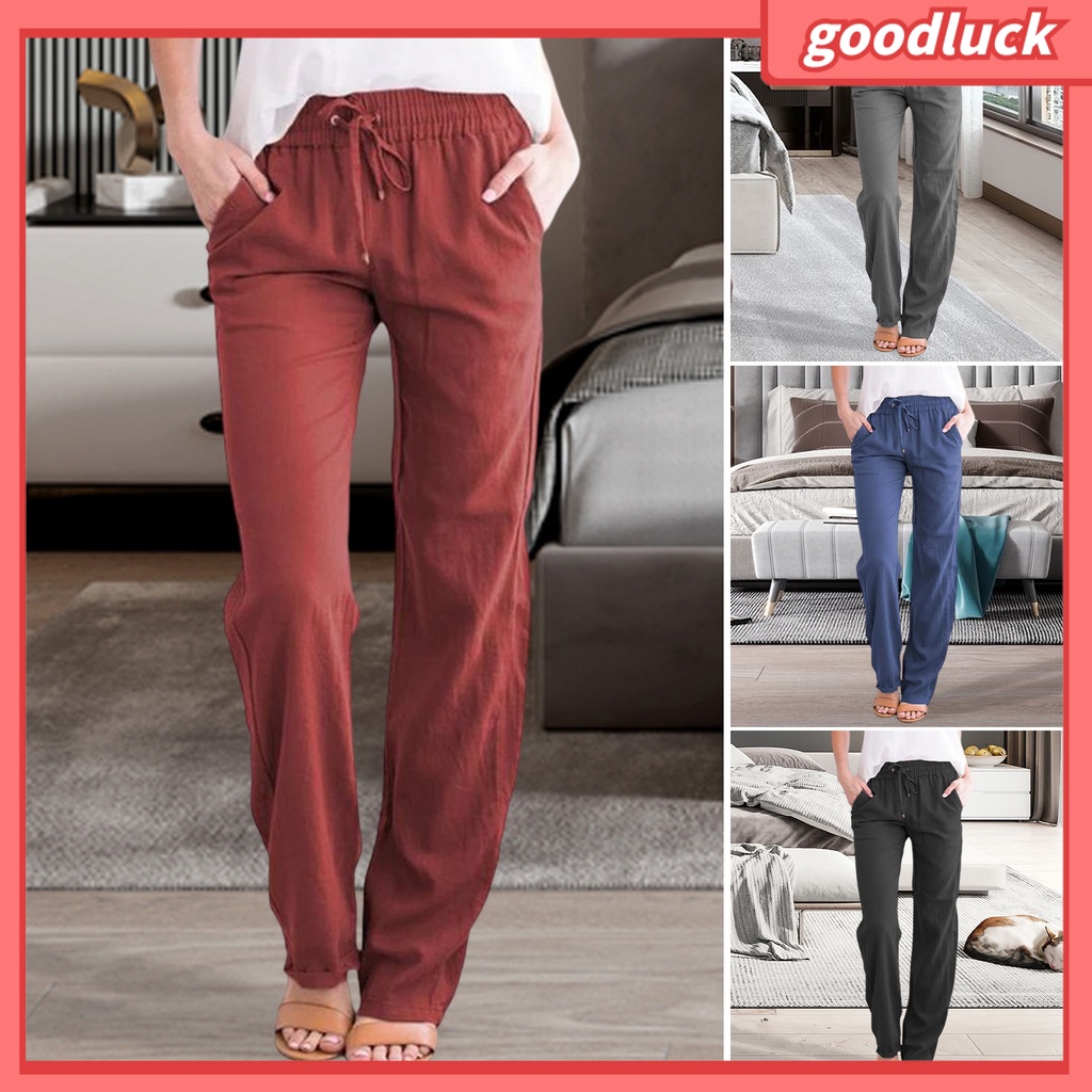 Quần Dài Lưng Thun Màu Trơn Thoáng Khí Thời Trang Mùa Hè Cho Nữ