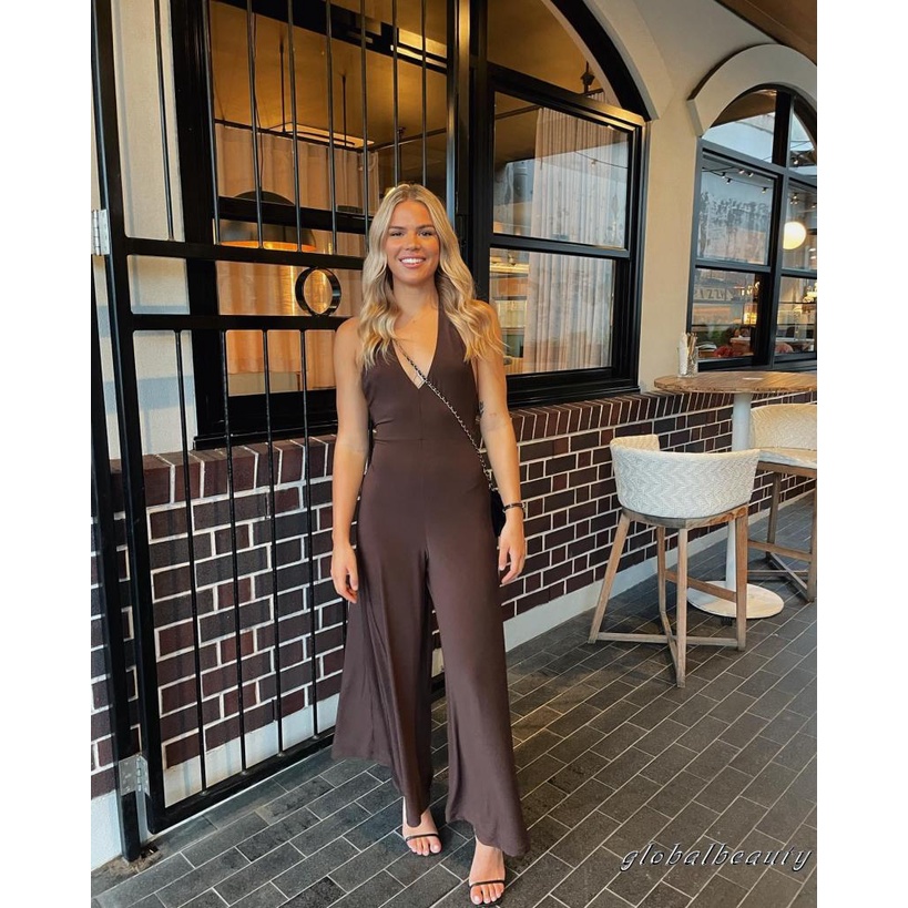 Bộ Áo Liền Quần Hai Dây Màu Sắc Trơn Ống Rộng Thời Trang Mùa Hè Cho Nữ