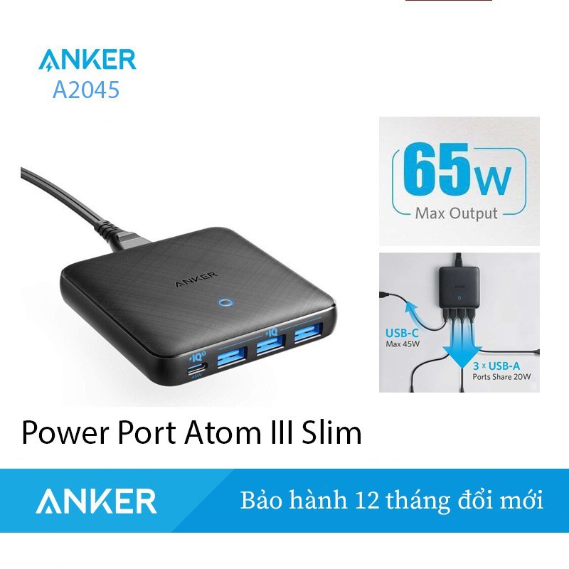 Sạc Anker 65W PowerPort III Slim - A2045 Công nghệ GaN và IQ3.0/Sạc Anker 65w A2046(2 USB+2 Type C)