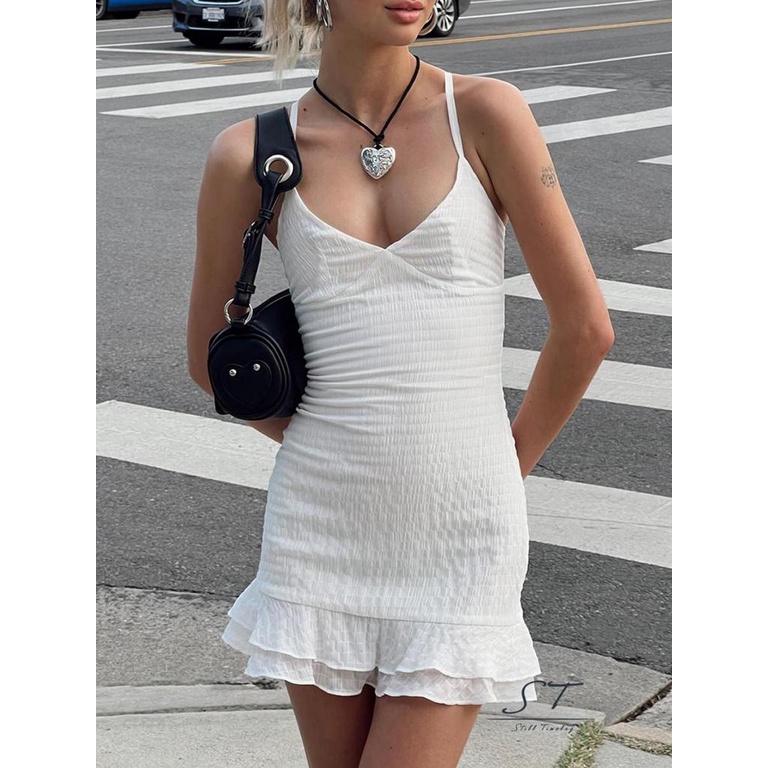Đầm Hai Dây Mỏng Mùa Hè Cổ Chữ V Viền Bèo Cho Nữ CY03