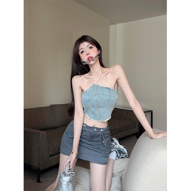 Bộ Áo Cổ Yếm + Chân Váy Denim Lưng Cao Phối Dây Rút Thời Trang Cá Tính Cho Nữ