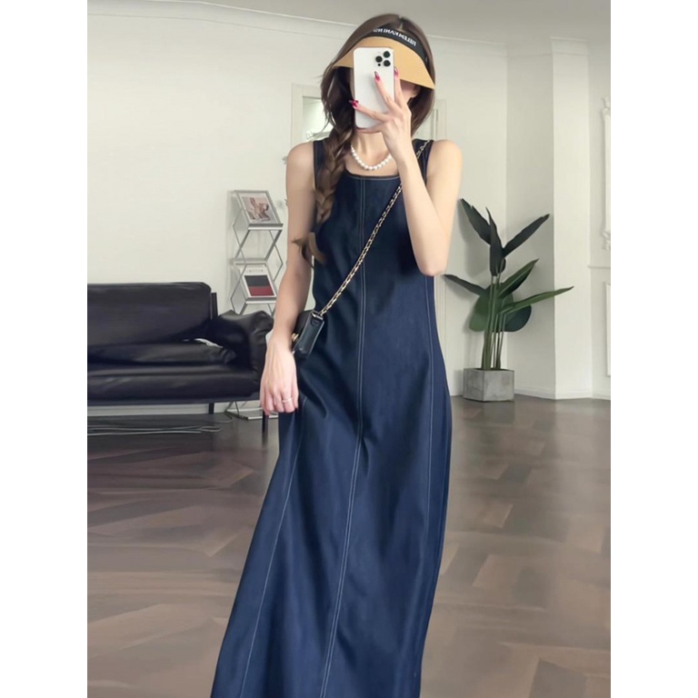 Đầm Denim Sát Nách Cổ Vuông Dáng Dài Xẻ Tà Phong Cách Pháp Thời Trang Mùa Hè 2023 Cho Nữ