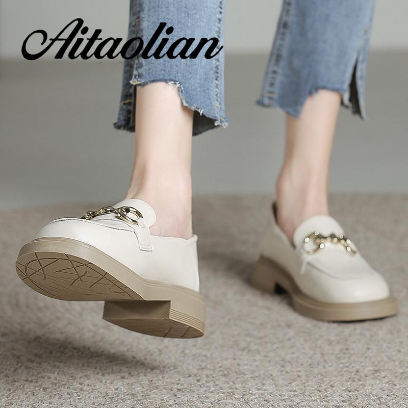 Giày Lười Da Thật Đế Bằng 3cm Phối Khóa Kim Loại Đơn Giản Thời Trang Cho Nữ