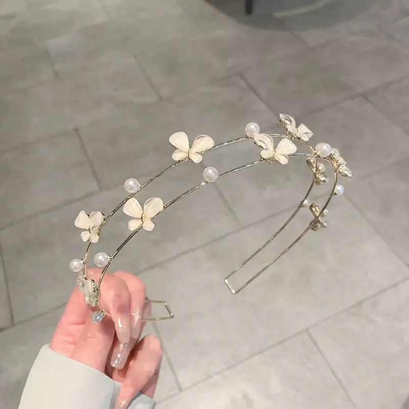 Băng Đô Tóc Hai Lớp Bằng Hợp Kim Hình Bướm Đính Ngọc Trai Thời Trang Dành Cho Nữ CHLINS