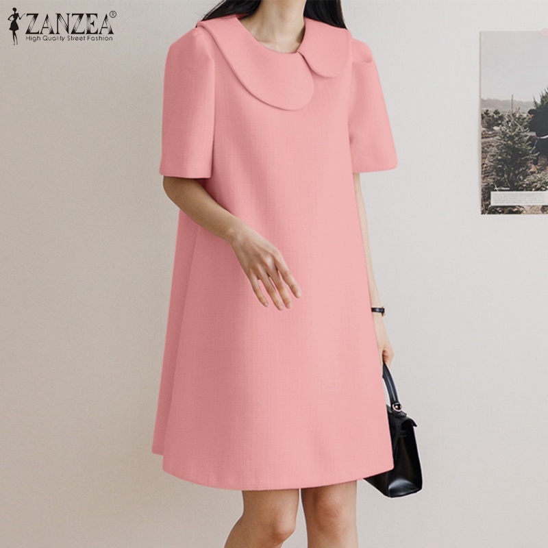 Đầm chữ A ZANZEA ngắn tay cổ tròn màu trơn phong cách Hàn Quốc cho nữ