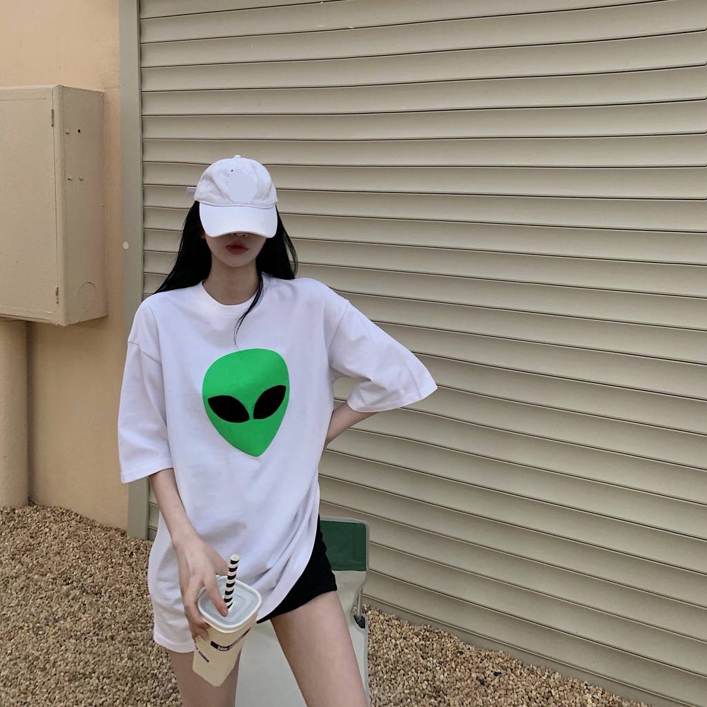 Áo Thun Ngắn Tay Dáng Rộng In Hình Người Ngoài Hành Tinh Xanh Lá Thời Trang Đường Phố Cho Cặp Đôi