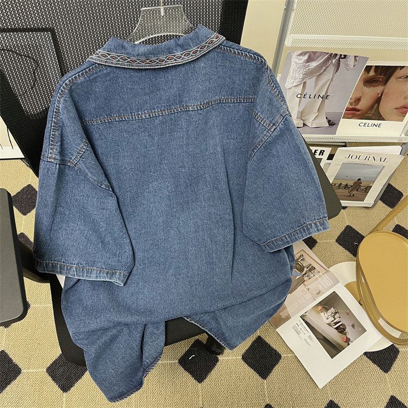 Áo Sơ Mi Denim Tay Ngắn Thêu Họa Tiết Hoạt Hình Phong Cách Nhật Bản Dành Cho Nam Nữ