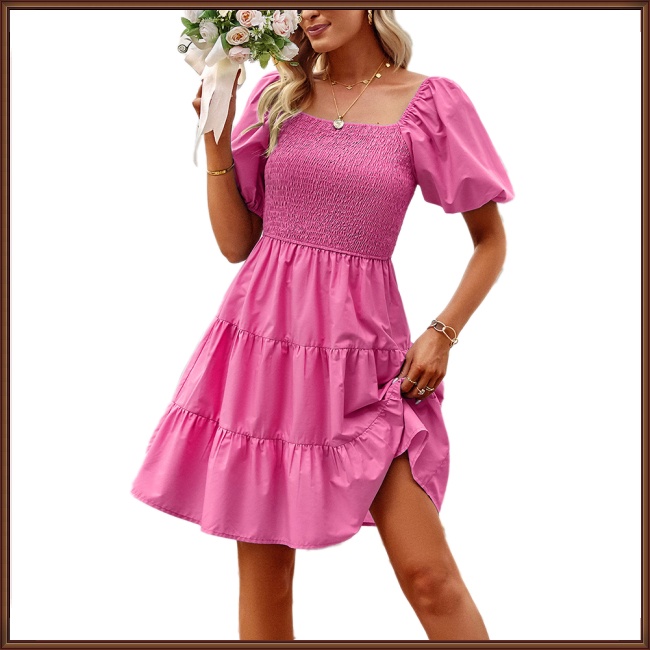 Đầm Tay Ngắn Cổ Vuông Màu Trơn Thời Trang Dành Cho Nữ