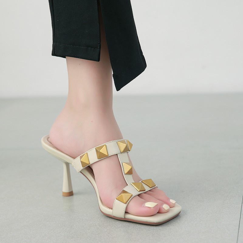 Duoya Tóc Thẳng ~ [Hàng Có Sẵn] Dép Cao Gót Sandal Đính Đinh Tán Phong Cách Mùa Hè Sang Trọng Cho Nữ Miễn Phí Vận Chuyển