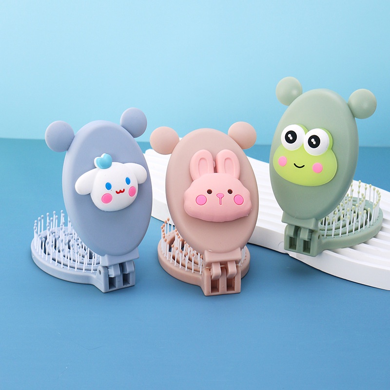 Lược gấp mini hoạt hình dễ thương có gương trẻ em lật bàn chải tóc massage đầu di động - HSU