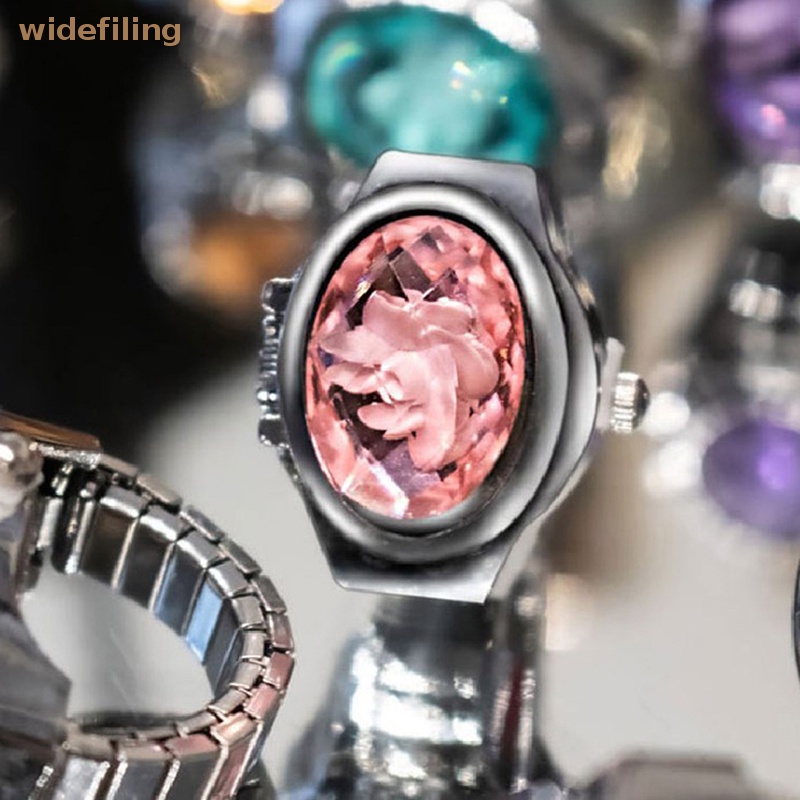 Đồng Hồ Đeo Tay Dạng Nhẫn Bản Rộng Đính Đá Hình Oval Mini Co Giãn Phong Cách Punk Cổ Điển Thời Trang Unisex