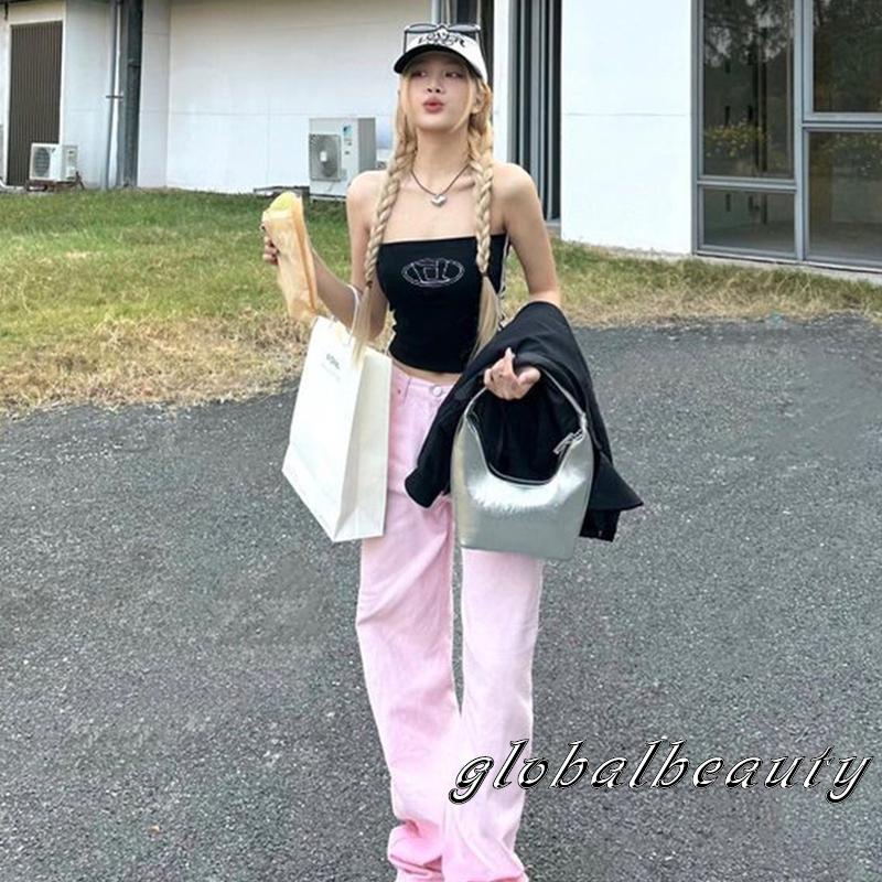 Áo Croptop Trễ Vai Không Dây Thêu Chữ Phong Cách Đường Phố Gợi Cảm