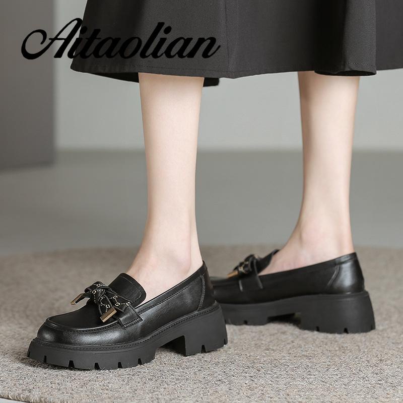 Giày Cao Gót 5cm Da Thật Mềm Đính Nơ Đơn Giản Phong Cách Anh Quốc Cho Nữ Thời Trang