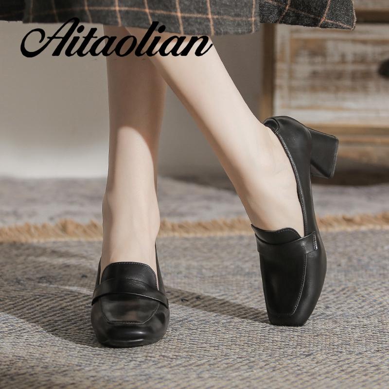 Giày Cao Gót 6cm Da Thật Mũi Vuông Phong Cách retro Anh Quốc Cho Nữ Mềm