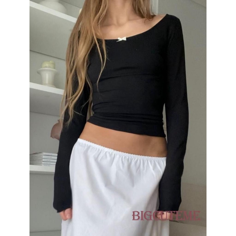 [] Áo Thun Tay Dài Cổ Xẻng Thắt Nơ Trước Dáng Ôm Màu Trắng / Đen Cơ Bản Dành Cho Bạn Nữ