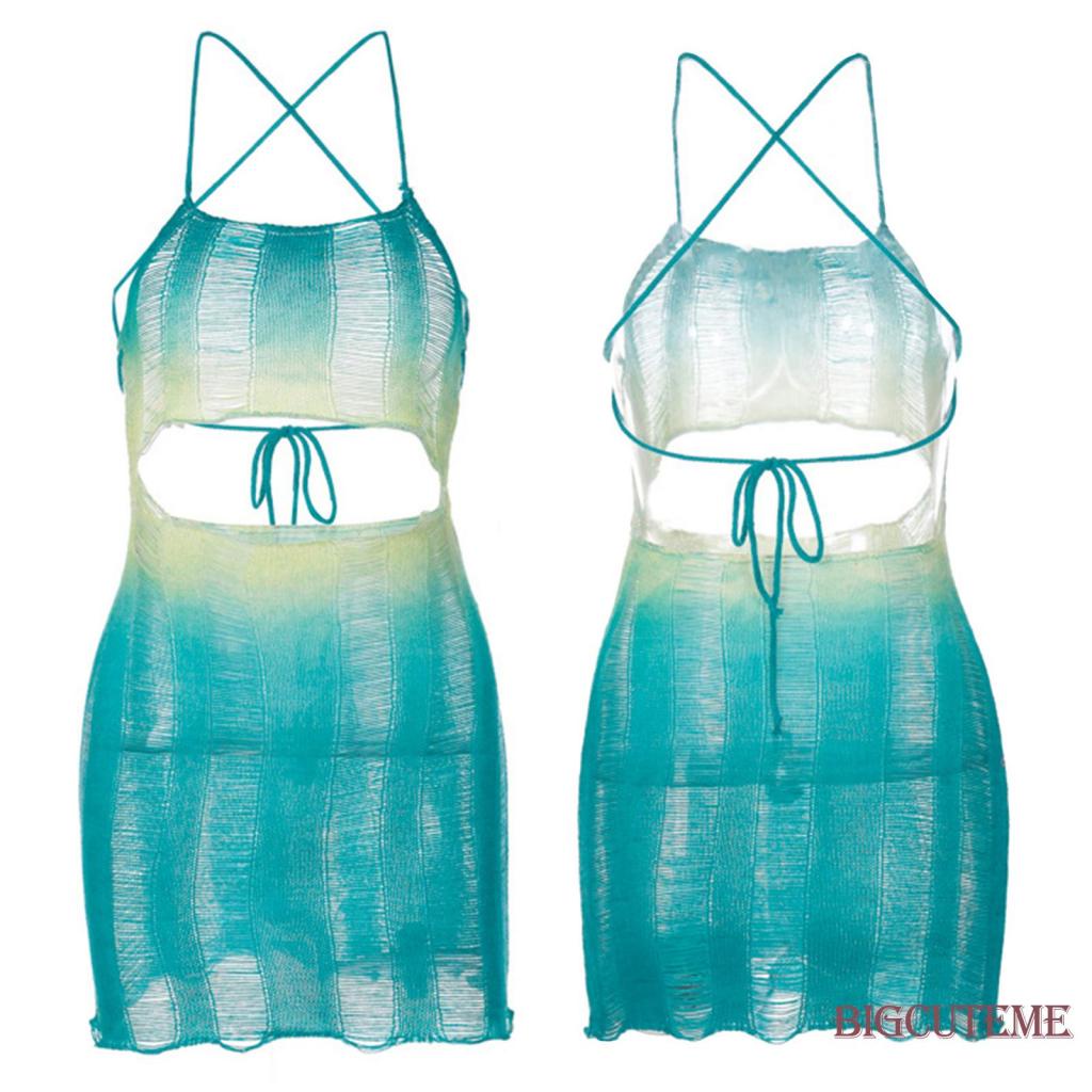 Đầm Hai Dây Dệt Kim Màu Sắc Gradient Thời Trang Cho Nữ