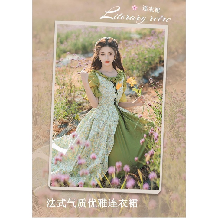 Hàng Mới Về Đầm Cotton Lanh Sơn Dầu Eo Hẹp Giả Hai Mảnh Phong Cách Retro Pháp 2023 Hàng Mới