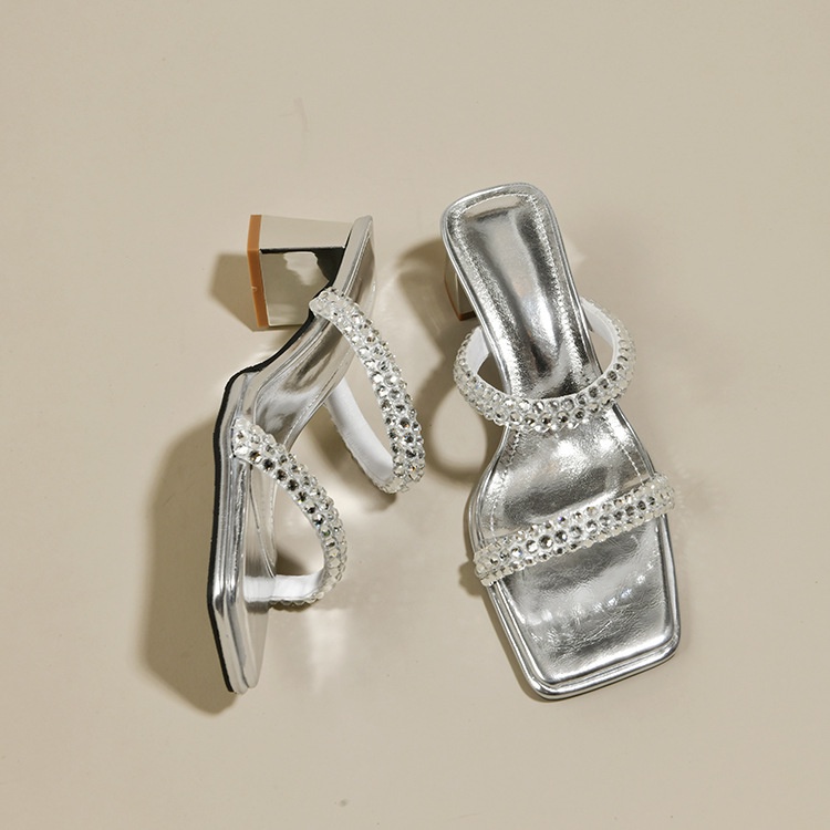 Duoya Tóc Thẳng ~ [Hàng Có Sẵn] Giày Cao Gót Sandal Hở Ngón Đế Dày Quai Đính Đá Rhinestone Dễ Phối Đồ Cho Nữ Miễn Phí Vận Chuyển