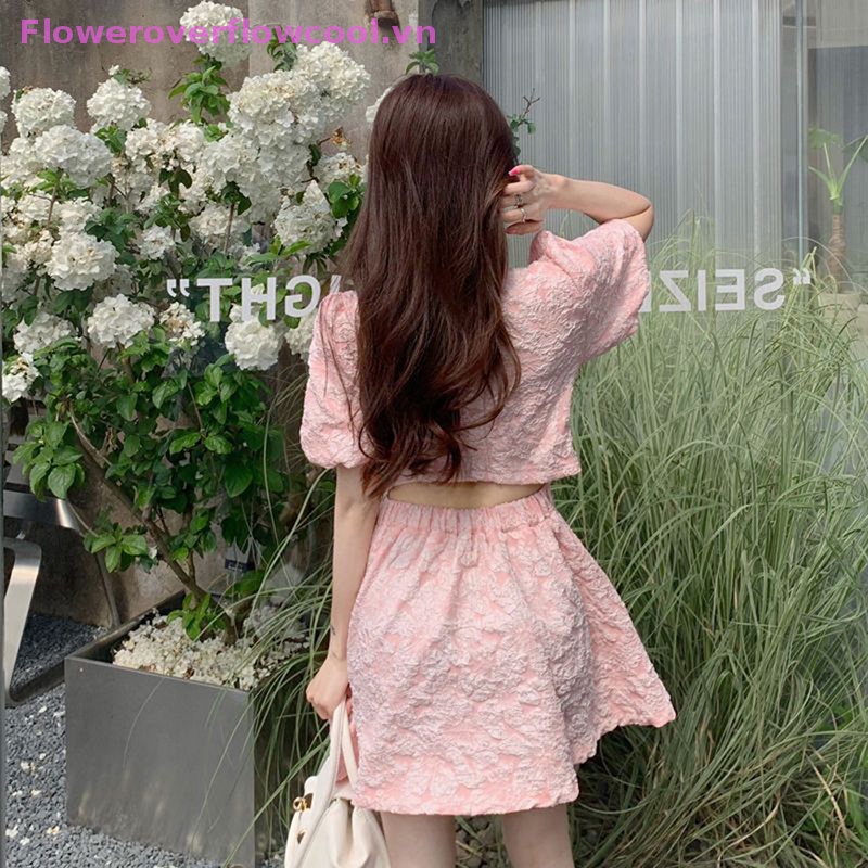 FOFC Women Lace Floral V-neck Mini Dress Short Sleeve Single-breasted A-Line Elegant Cut-out Back Dresses HOT