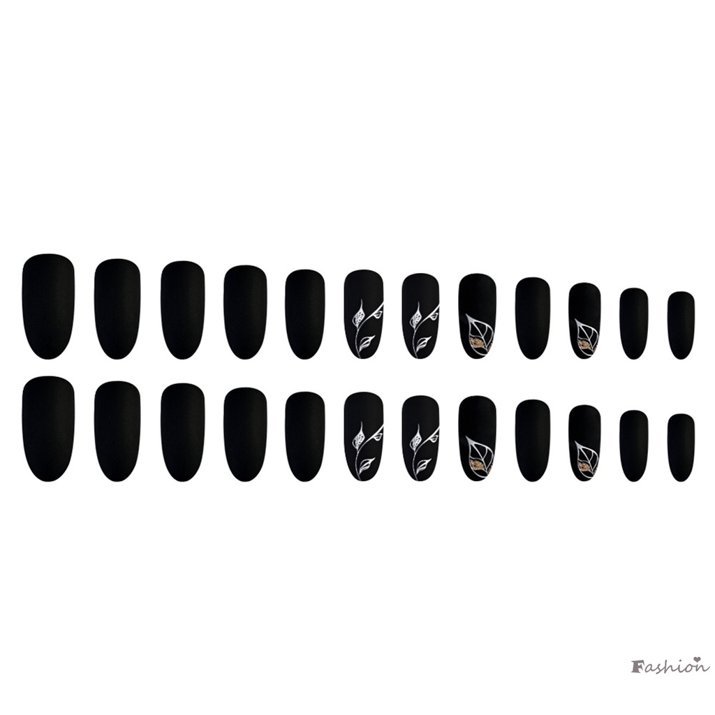 Bộ Móng Tay Giả Màu Đen Họa Tiết Lá Dễ Sử Dụng Tiết Kiệm Thời Gian &amp; Năng Lượng