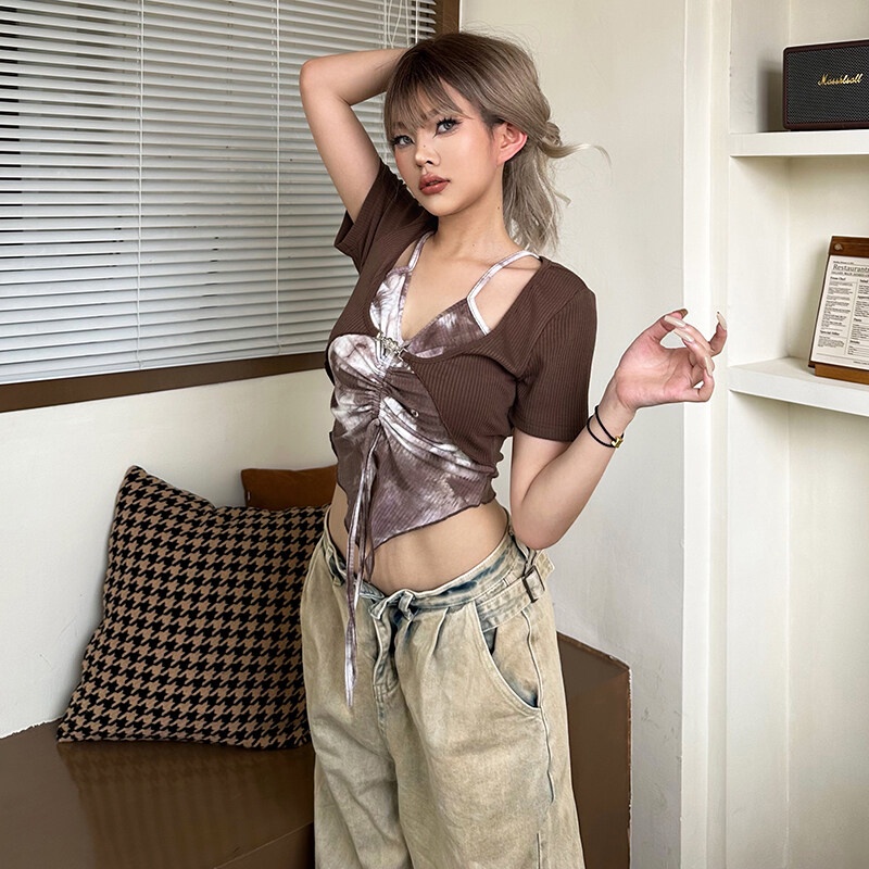 Kliou Áo Crop Top Tay Ngắn Cổ Chữ V In Họa Tiết Hoa Thời Trang Mùa Hè 2023 Phong Cách Đường Phố Cho Nữ