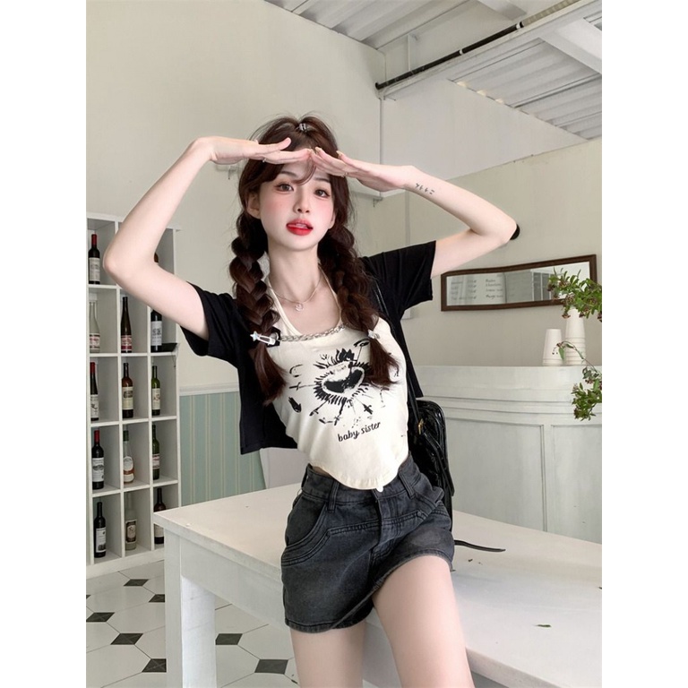 Áo baby tee Thun croptop Đồ Mùa Hè 2 Món Gồm Áo Cardigan Tay Cộc Cổ Yếm In Họa Tiết Màu Sắc Tương Phản Kèm Áo Khoác Dạng Dây Xích Cho Nữ