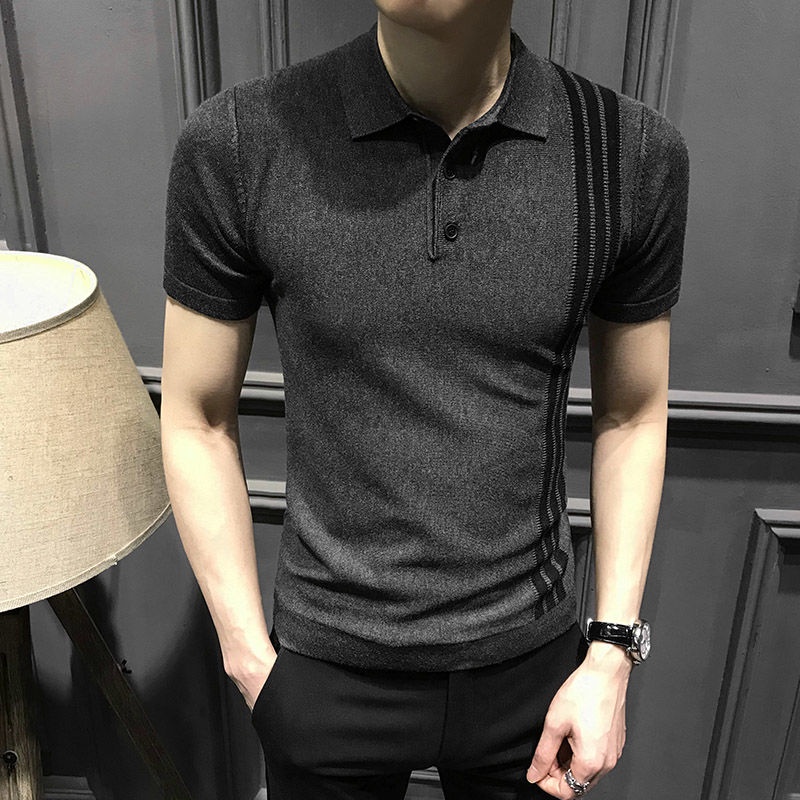 Áo Thun Polo Dệt Kim Ngắn Tay Form Ôm Họa Tiết Kẻ Sọc Thời Trang Mùa Hè Cho Nam