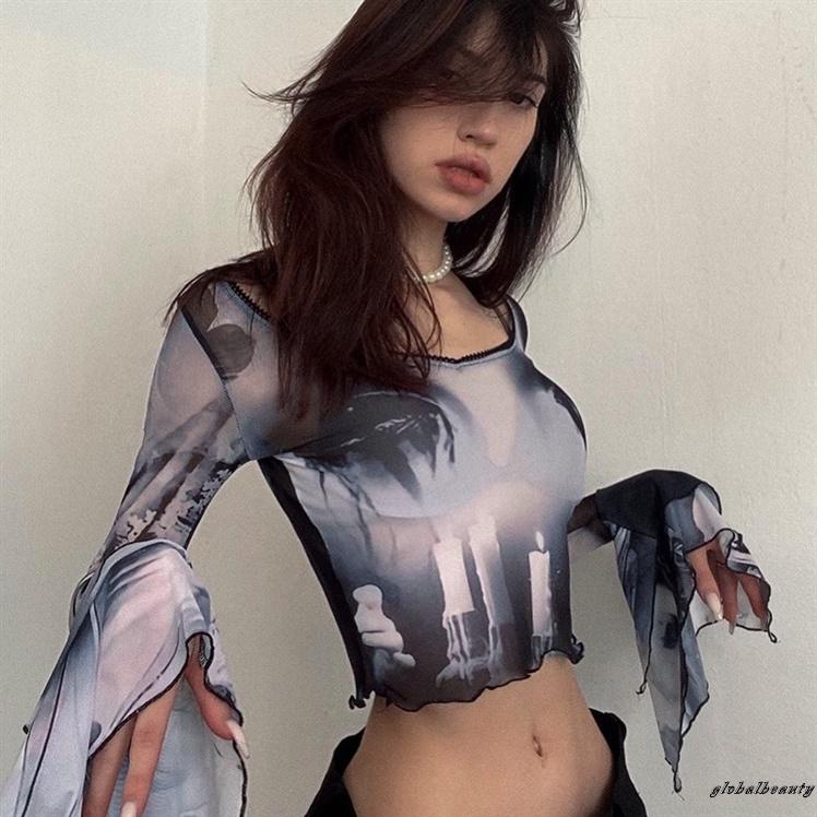 Áo Croptop Tay Loe Dài Vải Sheer Phối Bèo In Họa Tiết Xinh Xắn Thời Trang Xuân Thu Cho Nữ