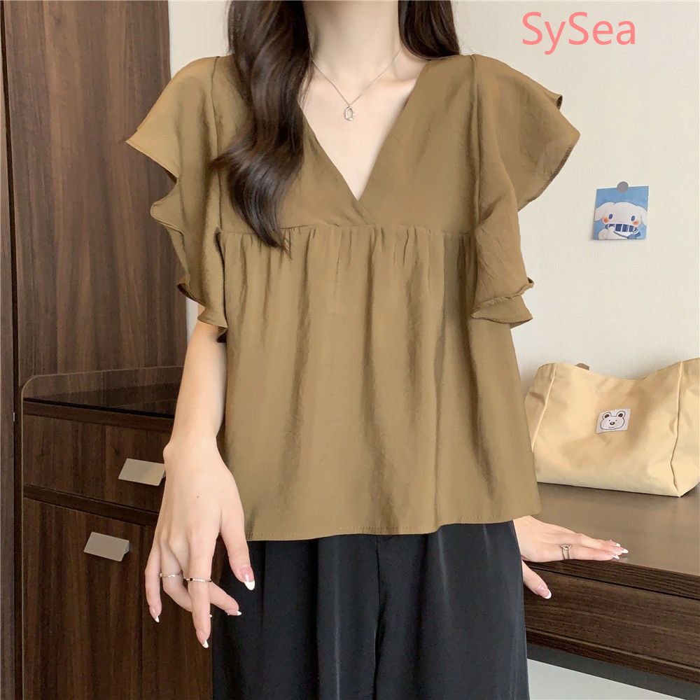 Plus Áo Kiểu Tay Phồng Cổ Chữ V Phong Cách Hàn Quốc Thanh Lịch Cho Nữ