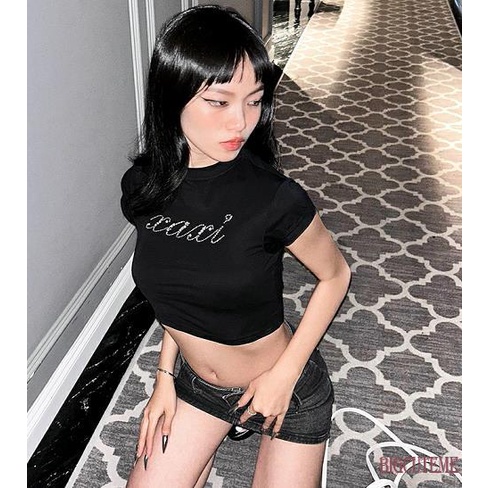 Áo Croptop Tay Ngắn Cổ Tròn Đính Đá Ôm Dáng Thời Trang Mùa Hè Cho Nữ