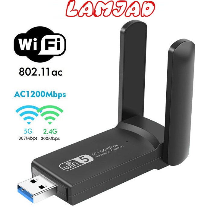 🍀Hỏa Tốc🍀USB Thu Phát Wifi 1200mbps tốc độ cao 2 râu ăng ten kép cho Laptop PC 2.4 / 5g cổng cắm usb 3.0 A01 usb wifi